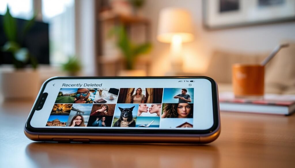 A modern smartphone screen displaying a digital gallery titled "Recently Deleted." The foreground features an organized grid of thumbnail images, showcasing recently deleted photos with vibrant colors and sharp details. The middle ground includes a partially open app interface with intuitive icons and a subtle shadow to give depth. In the background, a softly blurred home environment, perhaps a cozy living room or a desk space, with warm lighting to evoke a sense of familiarity and comfort. The scene is illuminated with natural light coming from a nearby window, creating a calm and inviting atmosphere. The focus is on the smartphone and its interface, highlighting the ease of access to the recently deleted feature.