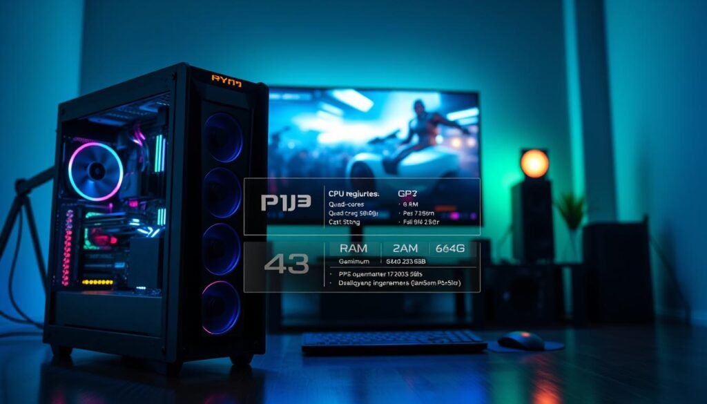 A sleek and modern digital workspace showcasing the specifications needed to run a PS3 emulator on a PC. In the foreground, a high-end gaming PC with visible internal components like a powerful GPU and cooling system, illuminated with RGB lighting for a tech-savvy vibe. The middle section features a detailed infographic displaying key specifications like CPU requirements (e.g., quad-core processor), RAM (minimum 8GB), and graphics settings, elegantly arranged on a stylish desktop. In the background, a large monitor displays a screenshot of a popular PS3 game being played in 4K resolution, casting a vibrant glow in the room. The atmosphere is dynamic and inviting, suggesting a serious yet exciting gaming environment, with cool blue and green tones dominating the lighting. The composition is sharply focused with a slight bokeh effect on the background for depth. A sleek and modern digital workspace showcasing the specifications needed to run a PS3 emulator on a PC. In the foreground, a high-end gaming PC with visible internal components like a powerful GPU and cooling system, illuminated with RGB lighting for a tech-savvy vibe. The middle section features a detailed infographic displaying key specifications like CPU requirements (e.g., quad-core processor), RAM (minimum 8GB), and graphics settings, elegantly arranged on a stylish desktop. In the background, a large monitor displays a screenshot of a popular PS3 game being played in 4K resolution, casting a vibrant glow in the room. The atmosphere is dynamic and inviting, suggesting a serious yet exciting gaming environment, with cool blue and green tones dominating the lighting. The composition is sharply focused with a slight bokeh effect on the background for depth.