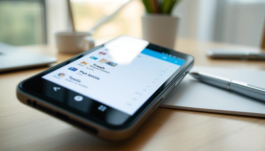 A sleek, modern Android device displaying an open "Trash" or "Recycle Bin" folder on its screen, contents visibly displaying deleted files and images. The foreground features a close-up of the smartphone with a clear, bright display illuminated in soft, natural lighting, showcasing the vibrancy of the deleted items. In the background, a softly blurred workspace environment, including a clean desk and indirect light from a nearby window, creates a calm, organized atmosphere. Subtle reflections on the device's screen add to the realism, while the overall mood is informative and optimistic, suggesting the potential to recover lost files. The angle is slight, with a focus on the device, ensuring clarity and detail without distractions.