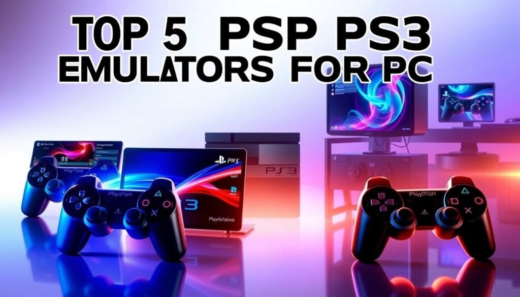 A visually striking comparison of the top five PS3 emulators for PC, showcased in a dynamic and informative layout. In the foreground, display sleek digital representations of five different emulator interfaces, each glowing with vibrant colors, highlighting their unique features. In the middle ground, include a high-resolution image of a PS3 console and a modern PC setup, showcasing the transition from classic gaming to high-definition graphics. The background should feature a soft gradient, suggesting a high-tech environment, with subtle gaming elements like pixel art or game discs fading into view. Use dramatic lighting to emphasize the futuristic feel, with a focus on warm tones to evoke nostalgia. The overall atmosphere should be inviting and engaging, appealing to both gamers and tech enthusiasts. A visually striking comparison of the top five PS3 emulators for PC, showcased in a dynamic and informative layout. In the foreground, display sleek digital representations of five different emulator interfaces, each glowing with vibrant colors, highlighting their unique features. In the middle ground, include a high-resolution image of a PS3 console and a modern PC setup, showcasing the transition from classic gaming to high-definition graphics. The background should feature a soft gradient, suggesting a high-tech environment, with subtle gaming elements like pixel art or game discs fading into view. Use dramatic lighting to emphasize the futuristic feel, with a focus on warm tones to evoke nostalgia. The overall atmosphere should be inviting and engaging, appealing to both gamers and tech enthusiasts.
